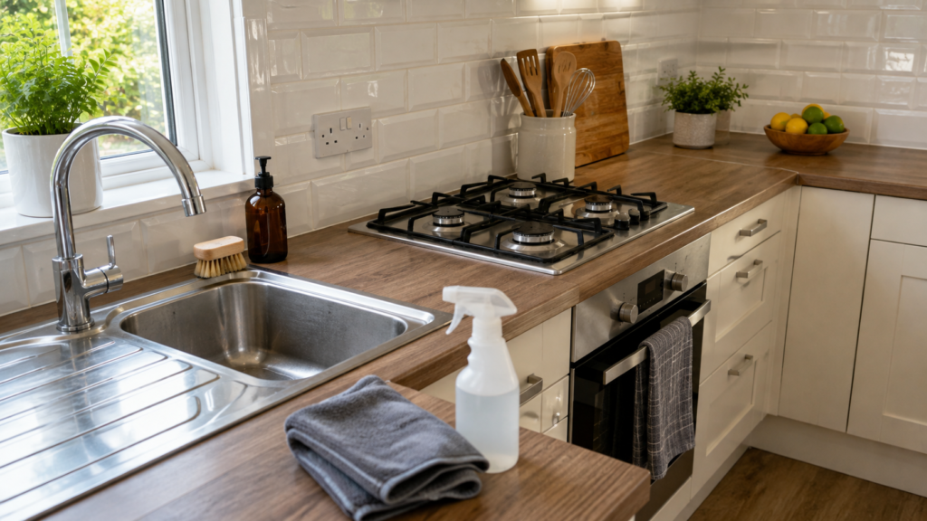 How to Clean a Kitchen Properly: A Step-by-Step Guide Clean modern kitchen with cleaning supplies and microfibre cloth ready for use