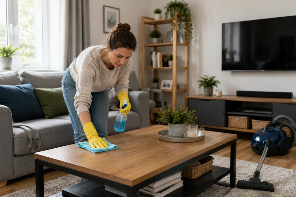 How to Clean a Living Room Properly: A Step-by-Step Guide Woman cleaning a living room coffee table with a cloth and cleaning spray
