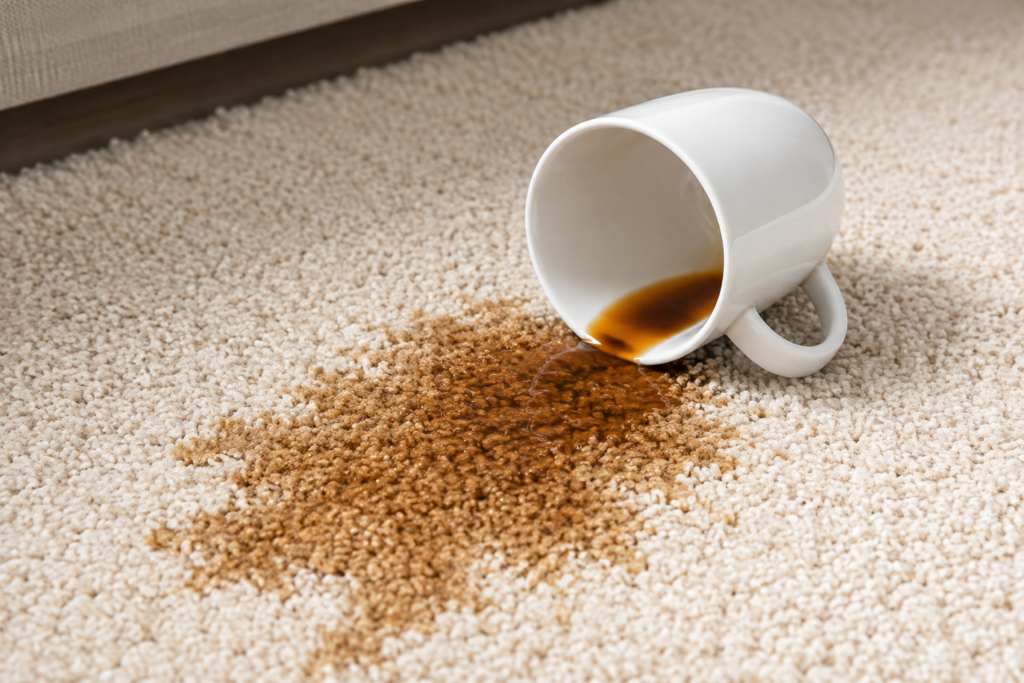 How to Remove Coffee Stains From Carpet Spilled coffee staining a light carpet beside a tipped white mug