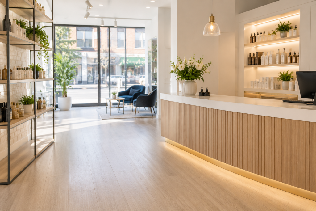 Bright, professionally cleaned business premises with a modern reception and spotless floors.