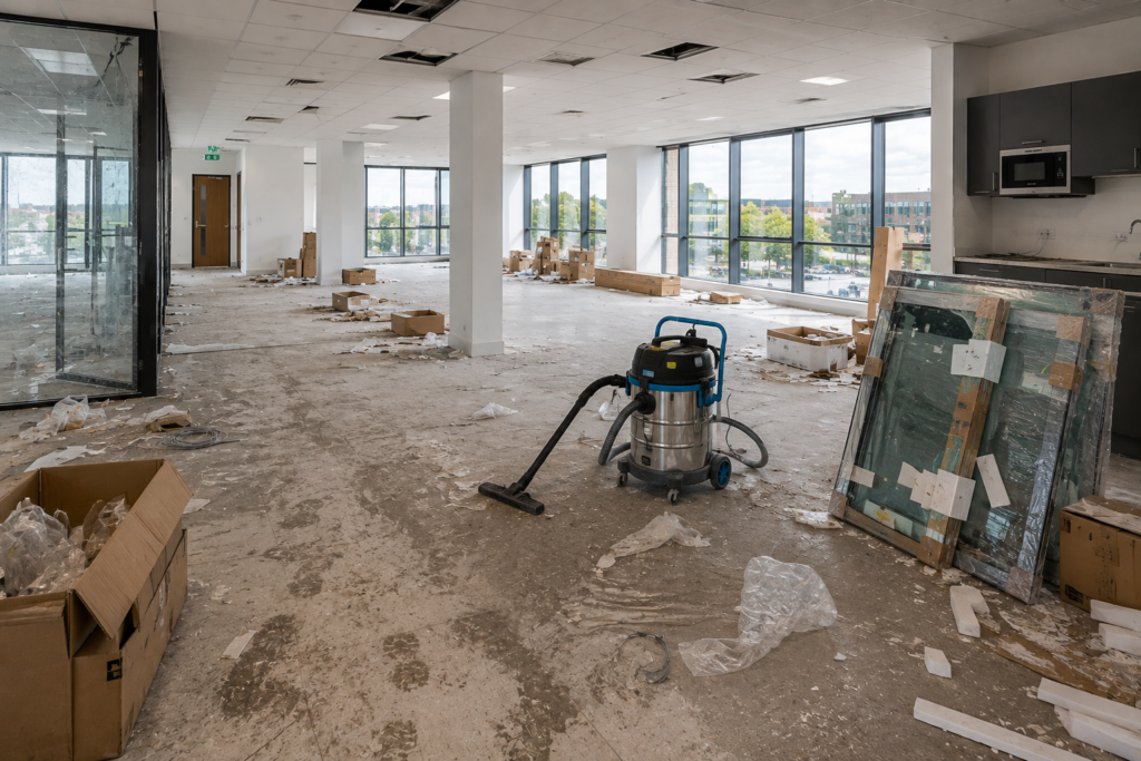 Commercial premises with construction dust, debris and industrial vacuum ready for an after-builders clean.