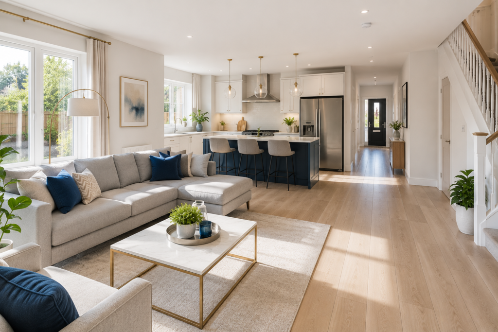 Bright, spotless modern home with a clean open-plan living room and kitchen.