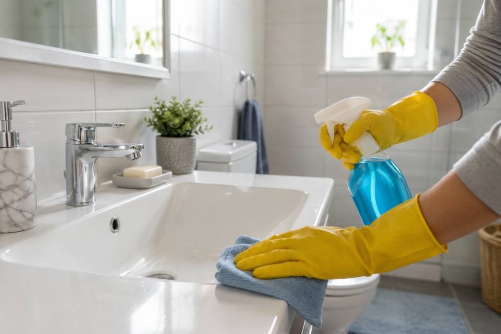 Cleaning a bathroom sink as part of a regular bathroom cleaning schedule