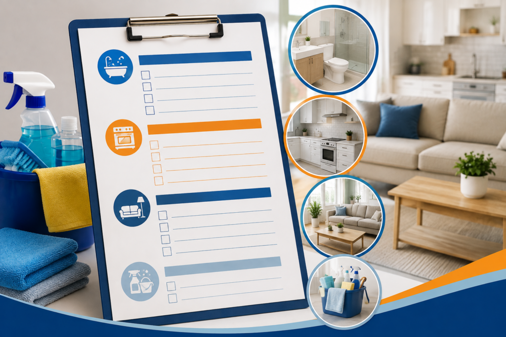 One-off deep cleaning checklist featuring bathroom, kitchen and living room cleaning.