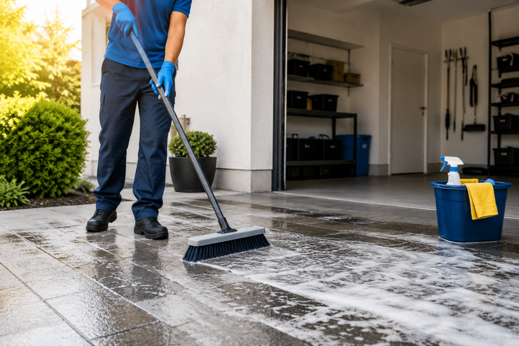 Cleaner professionally cleaning a residential garage and outdoor entrance area.