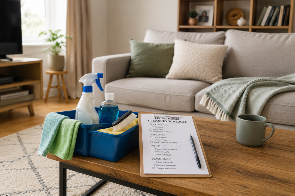 Living room cleaning schedule with cleaning supplies beside a tidy sofa