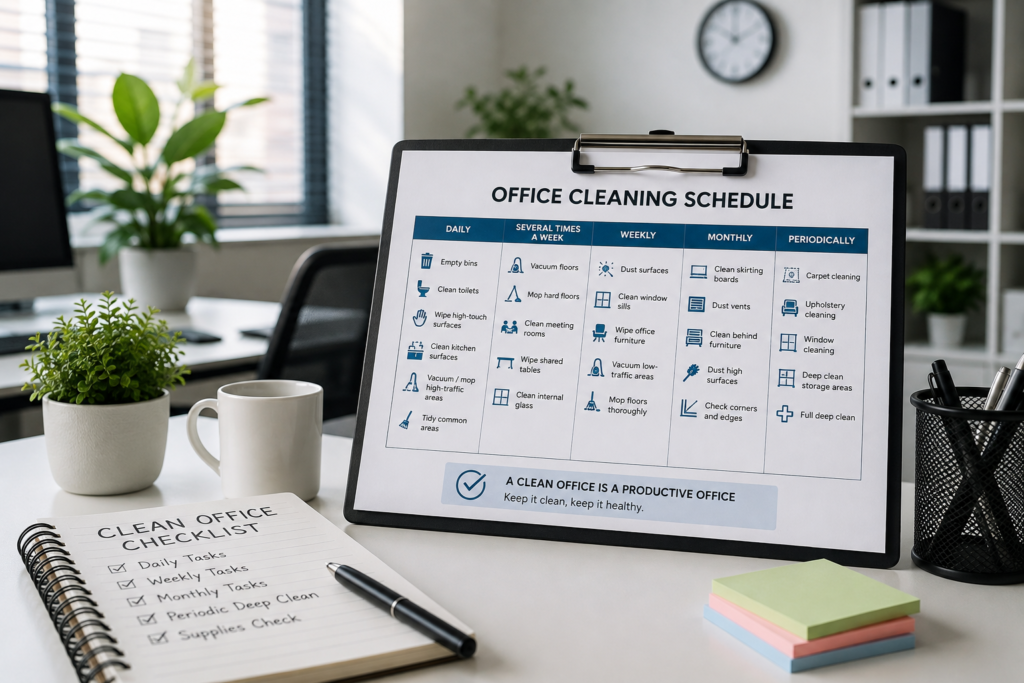 Office cleaning schedule showing daily, weekly, monthly and periodic cleaning tasks