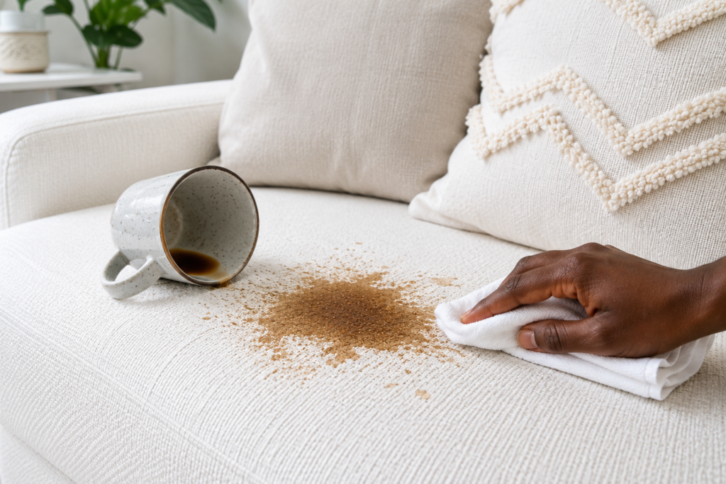 Removing a coffee stain from a white fabric sofa with a clean cloth