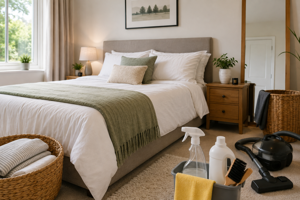 Clean bedroom with fresh bedding and cleaning equipment ready for a weekly clean