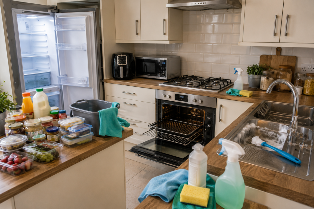 How to Deep Clean Kitchen: A Thorough Cleaning Guide Kitchen deep clean with open fridge and oven, food removed and surfaces being cleaned