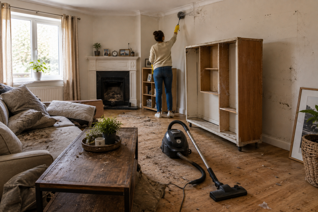 Woman deep cleaning a living room with furniture moved and cobwebs exposed