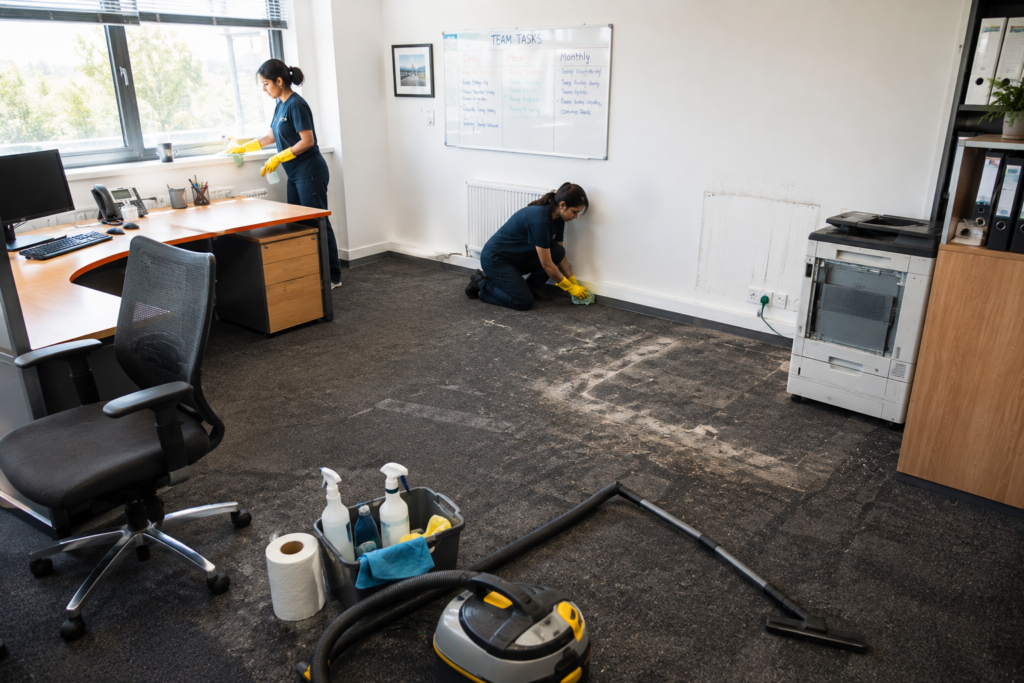 Office undergoing a deep clean with furniture and photocopier moved for thorough cleaning