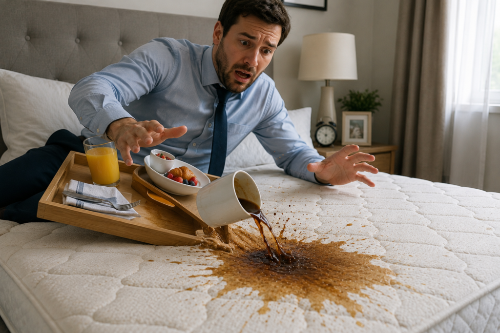 How to Remove Coffee Stains From a Mattress Spilled coffee staining a mattress during breakfast in bed