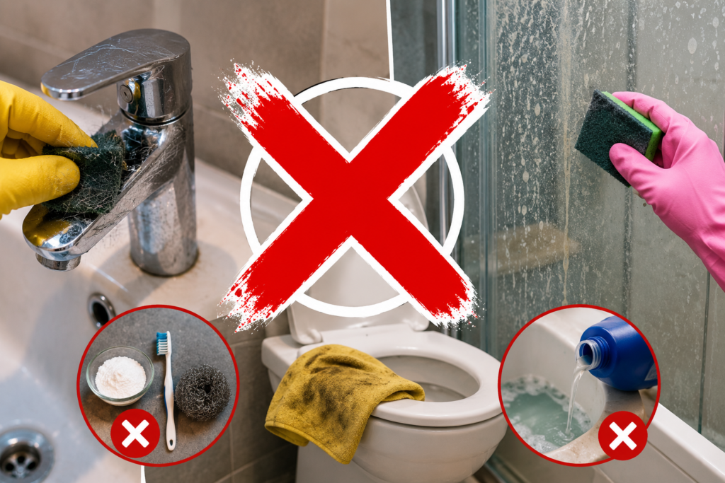Bathroom cleaning mistakes shown with abrasive scrubbing, dirty cloths and warning crosses