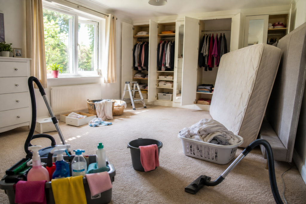 Bright bedroom deep clean with moved mattress, vacuum, laundry and cleaning supplies
