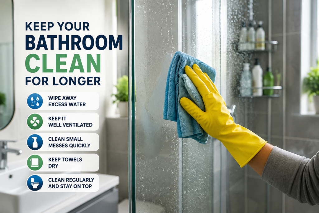 Hand wiping shower glass with tips for keeping a bathroom clean for longer