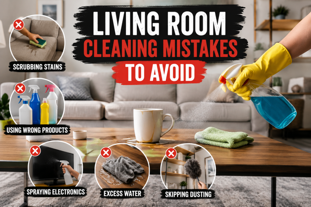 Living Room Cleaning Mistakes to Avoid Living room cleaning mistakes including scrubbing stains, excess water and spraying electronics