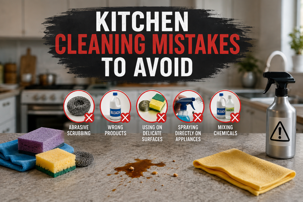 Kitchen Cleaning Mistakes to Avoid Kitchen cleaning mistakes showing unsafe products, abrasive tools and incorrect cleaning methods