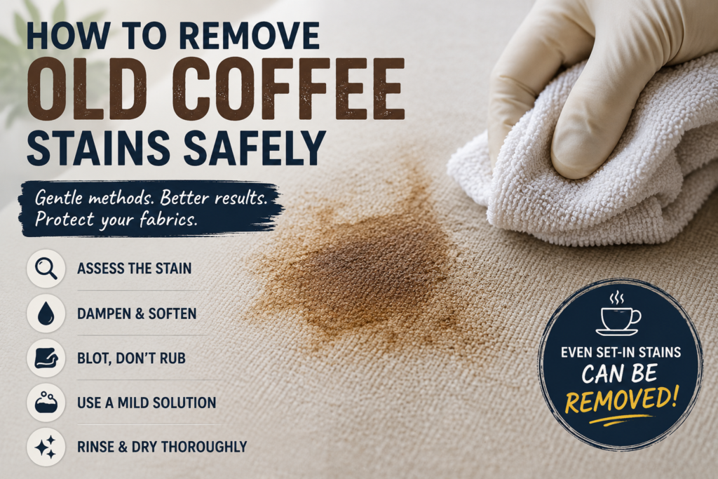 How to Remove Old Coffee Stains Safely Old coffee stain on fabric being safely treated with a clean cloth