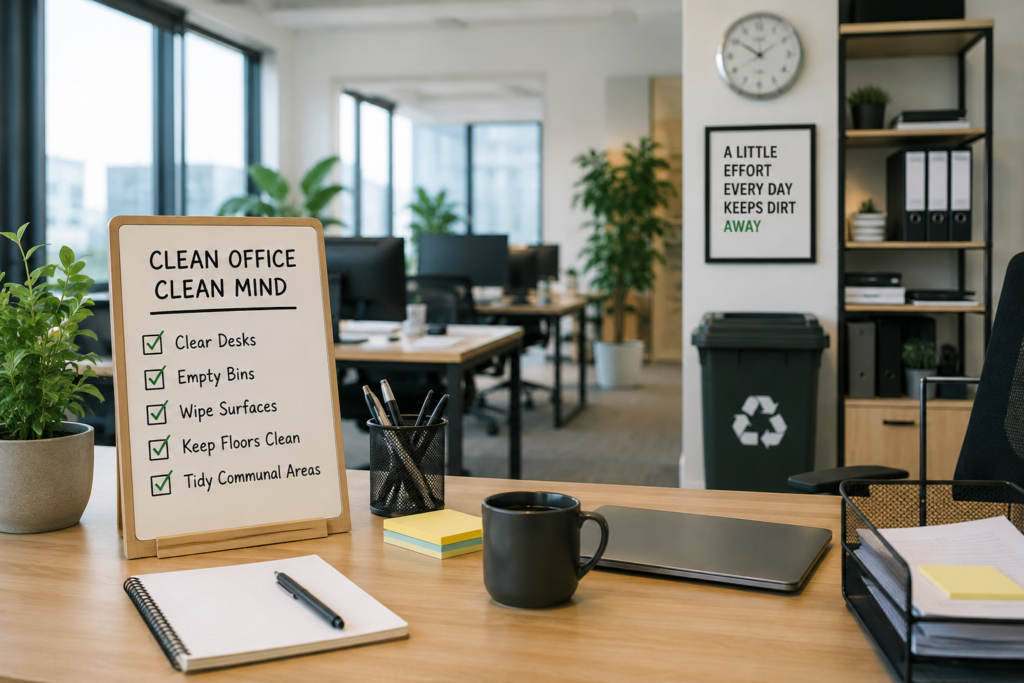 Clean organised office showing practical ways to keep an office clean for longer