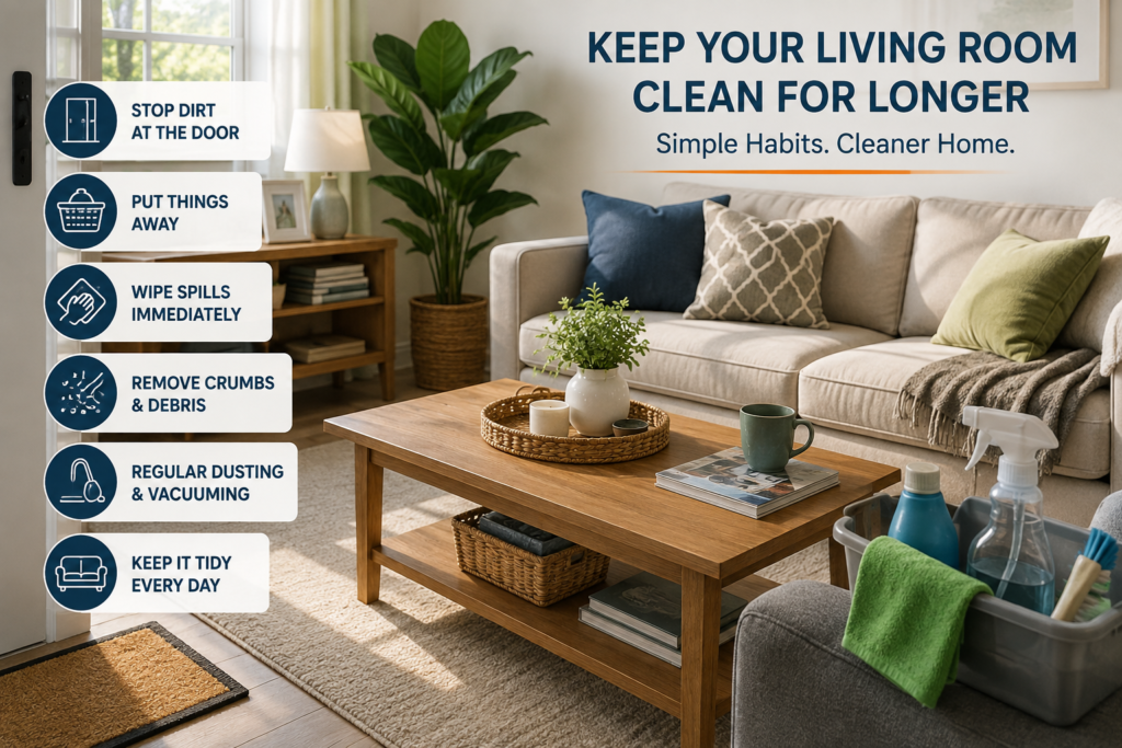 Clean living room showing simple habits to keep the living room clean for longer