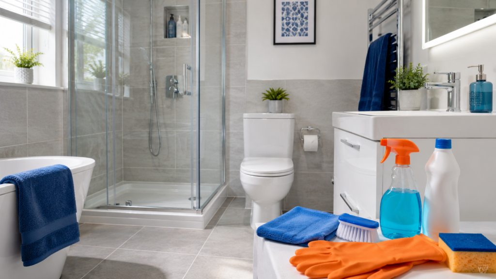 Clean modern bathroom with shower, bath, toilet, sink and cleaning supplies ready for a thorough bathroom clean.