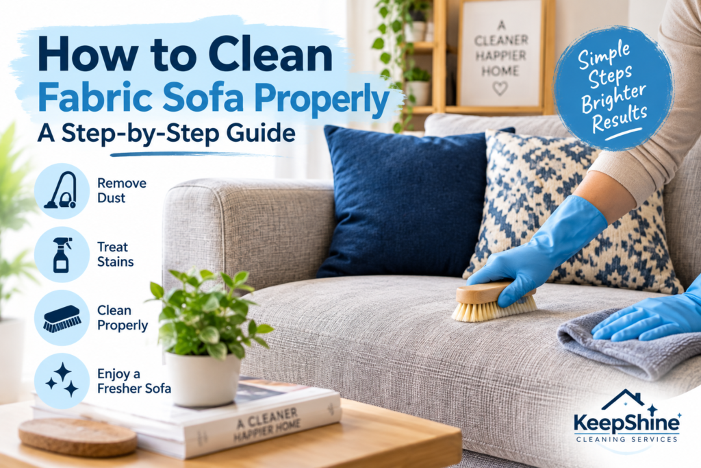Cleaning a fabric sofa properly with an upholstery brush and microfibre cloth