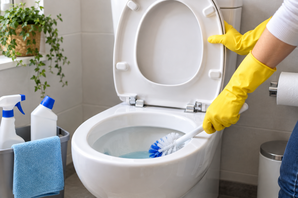 Gloved hands demonstrate how to clean a toilet properly using a toilet brush.