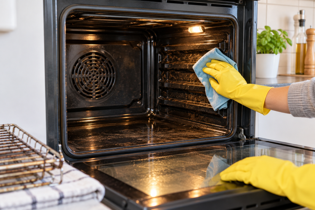 Cleaning an oven properly with a microfibre cloth after removing the oven racks