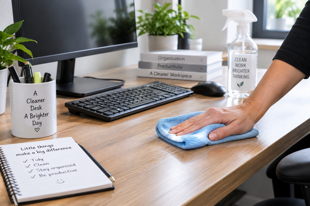 Hand using a microfibre cloth to clean an office desk properly
