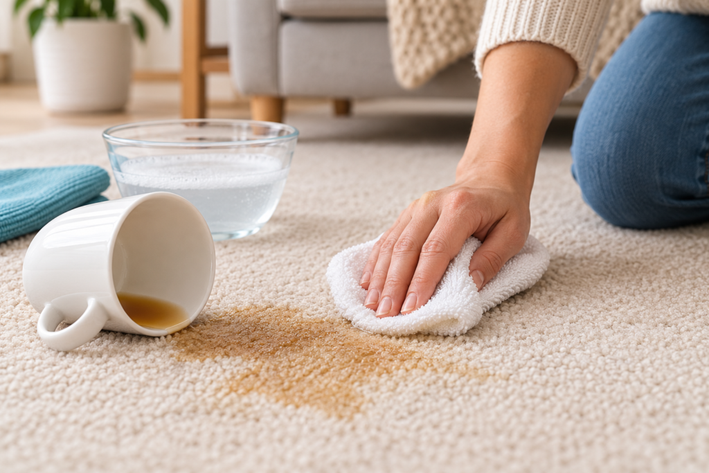 Blotting a fresh tea stain on carpet with a clean white cloth