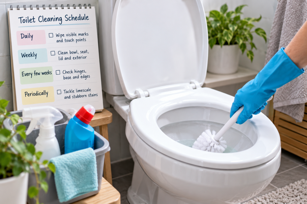 Toilet cleaning schedule showing daily, weekly and periodic cleaning tasks