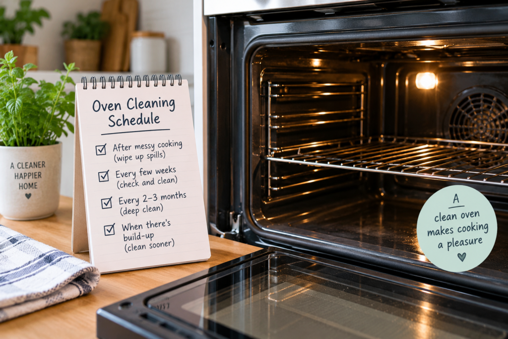 Open oven beside a checklist showing how often to clean an oven.