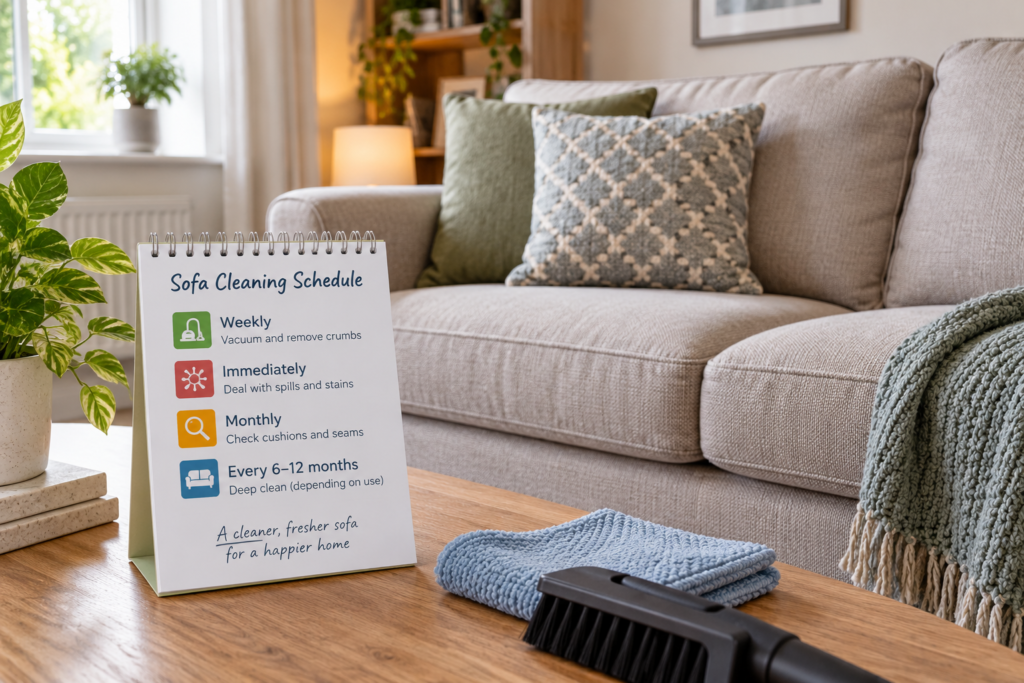 Fabric sofa with cleaning schedule showing how often to clean and deep clean