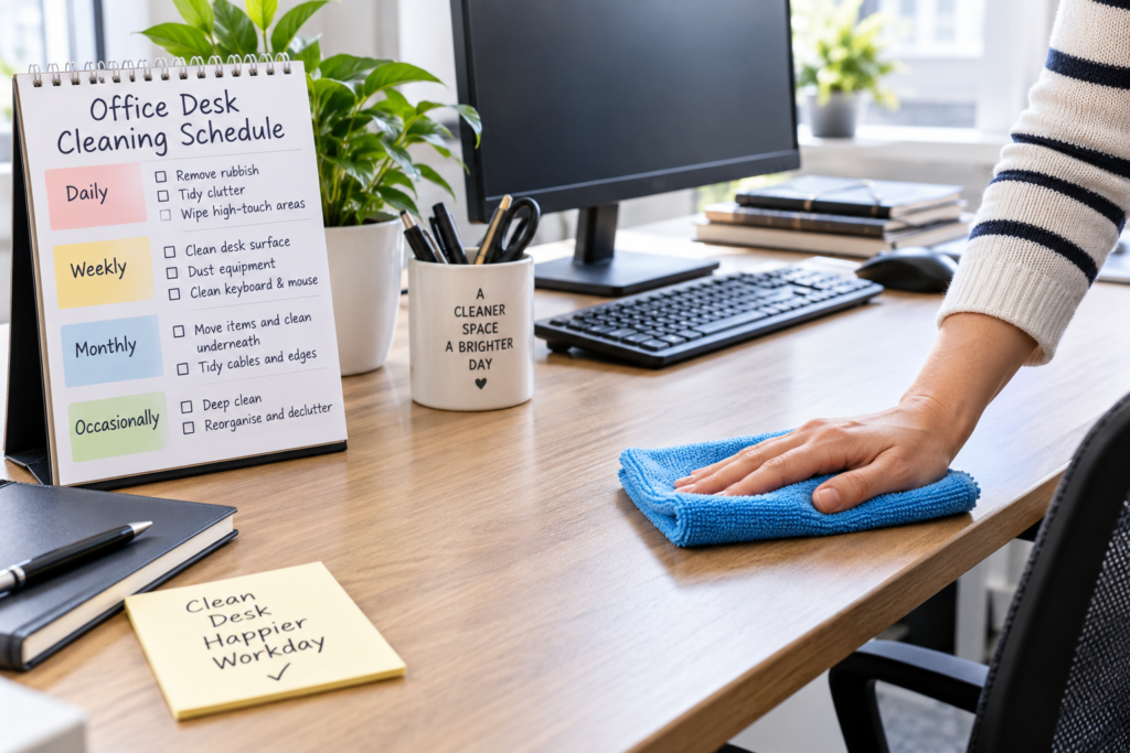 Office desk cleaning schedule showing daily, weekly, monthly and occasional cleaning tasks