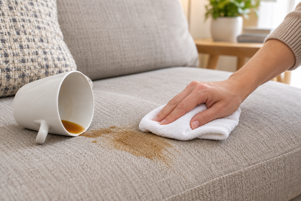 How to Remove Tea Stains From a Fabric Sofa Blotting a fresh tea stain from a fabric sofa with a white cloth