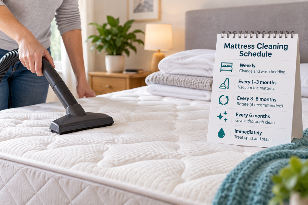 Vacuuming a mattress beside a mattress cleaning schedule showing how often to clean it