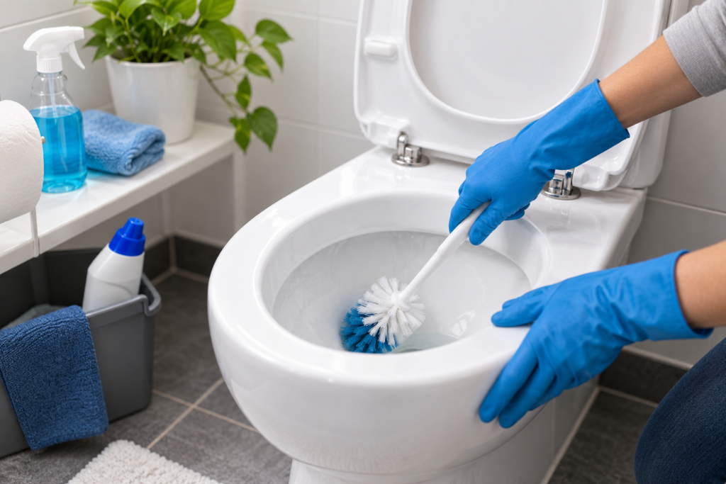 Deep cleaning a toilet bowl thoroughly with a brush and protective gloves