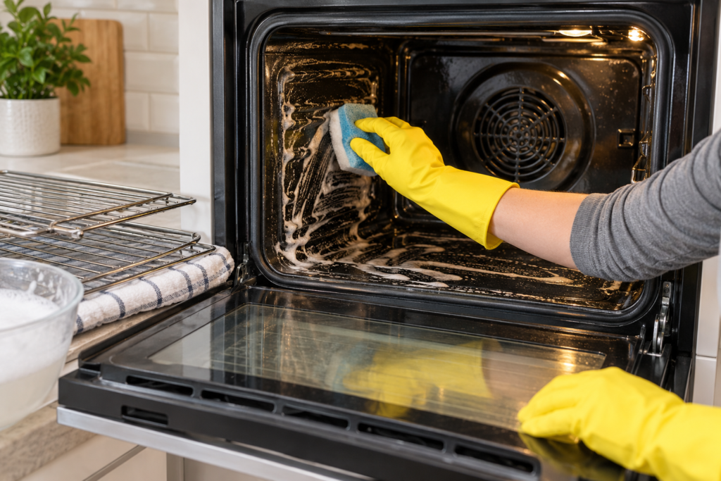 How to Deep Clean Oven: A Thorough Cleaning Guide Deep cleaning an oven interior with racks removed and a non-scratch sponge