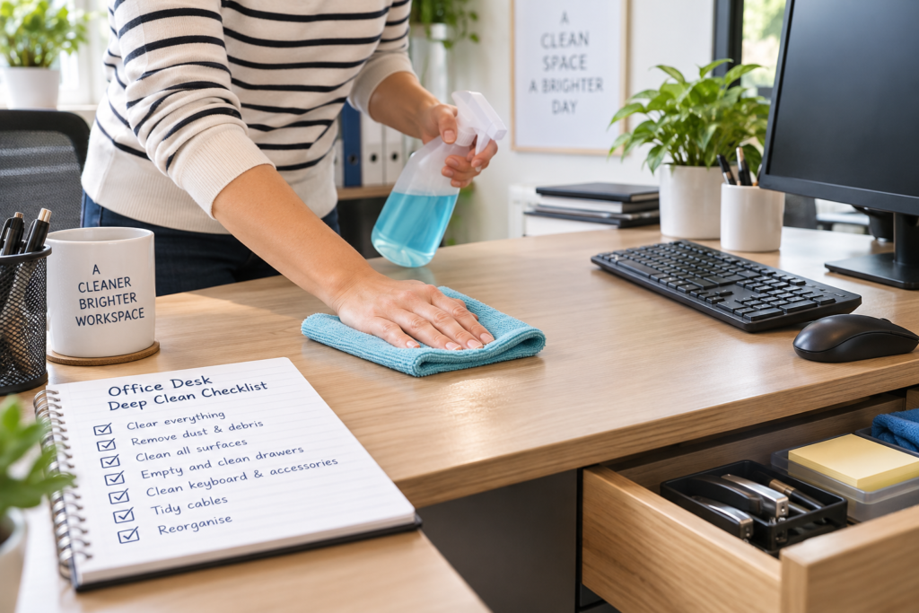 Deep cleaning an office desk with a cloth beside a practical cleaning checklist