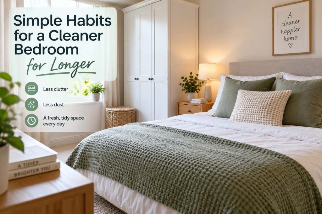 Tidy bedroom showing simple habits for how to keep a bedroom clean longer